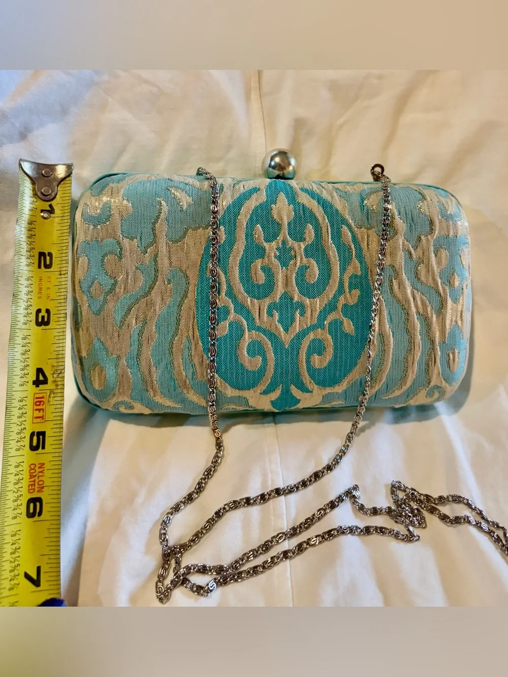 Roberta Freymann Turquoise and Gold Embossed Clutch/Chain Crossbody- Kiss lock